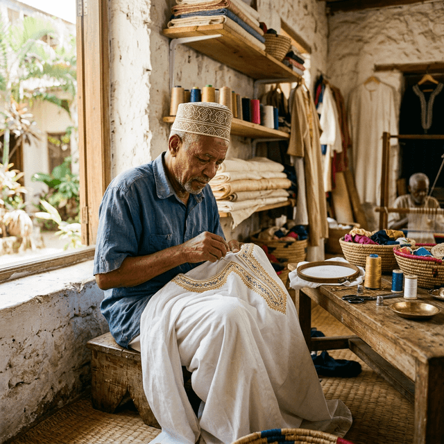 Artisan comorien brodant un Kandu